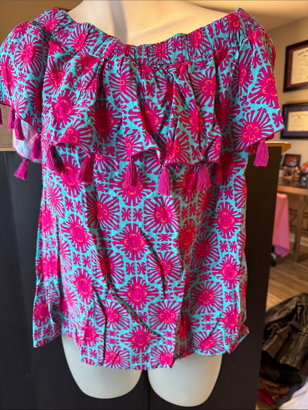 escapada Turquoise & Hot Pink Off-Shoulder Tassel Tunic boutique top